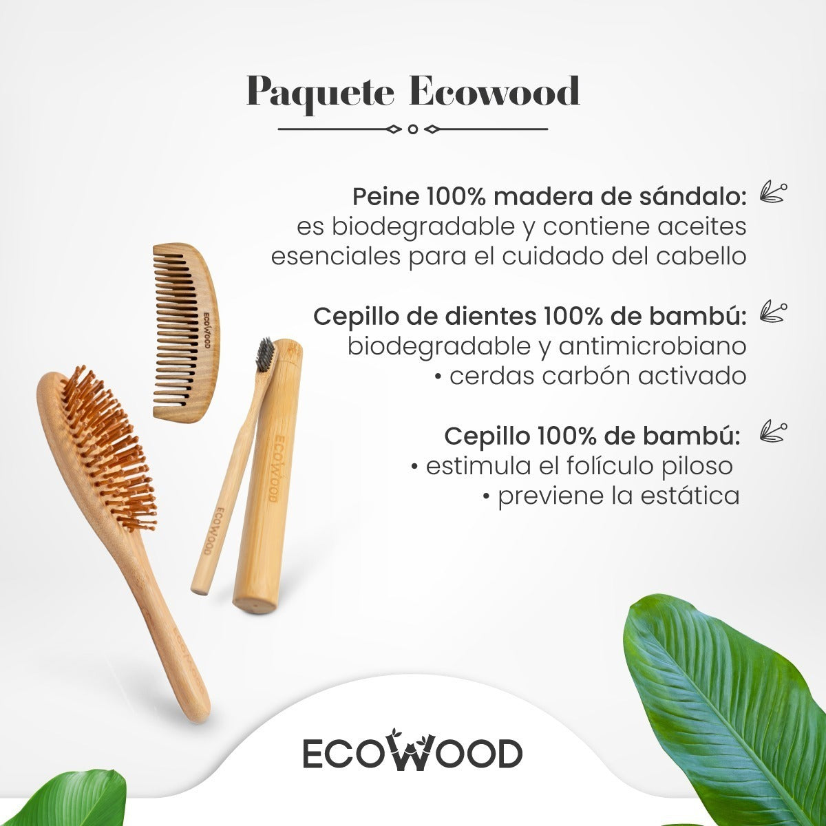 Ecowood Kit Con Peine, Cepillo Cabello Redondo Y Cepillo Dientes