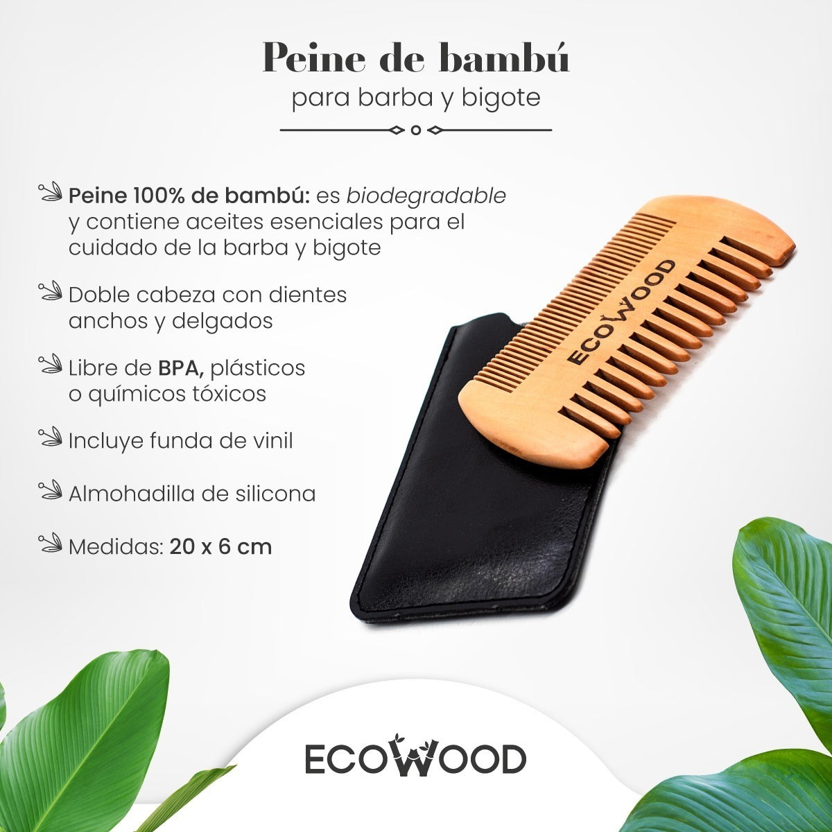 Peine para barba y bigote 100% de bambú + estuche de vinil para viajes