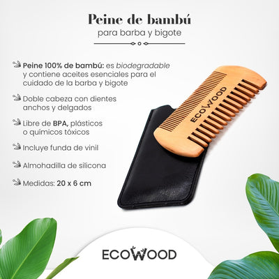 Peine para barba y bigote 100% de bambú + estuche de vinil para viajes