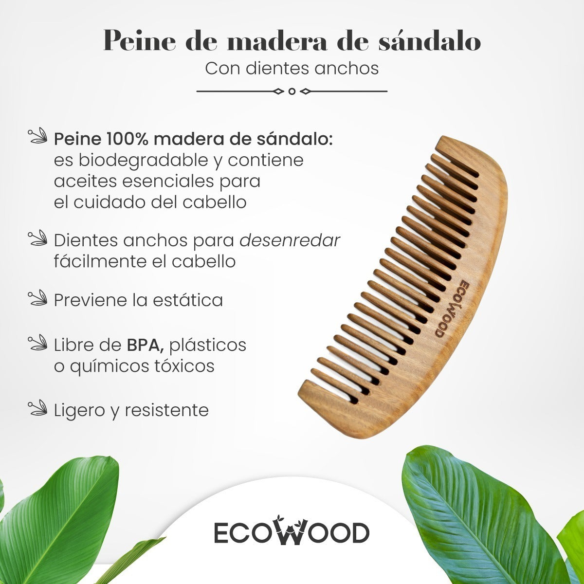 Peine de Madera de Sándalo Verde [Dientes Anchos]